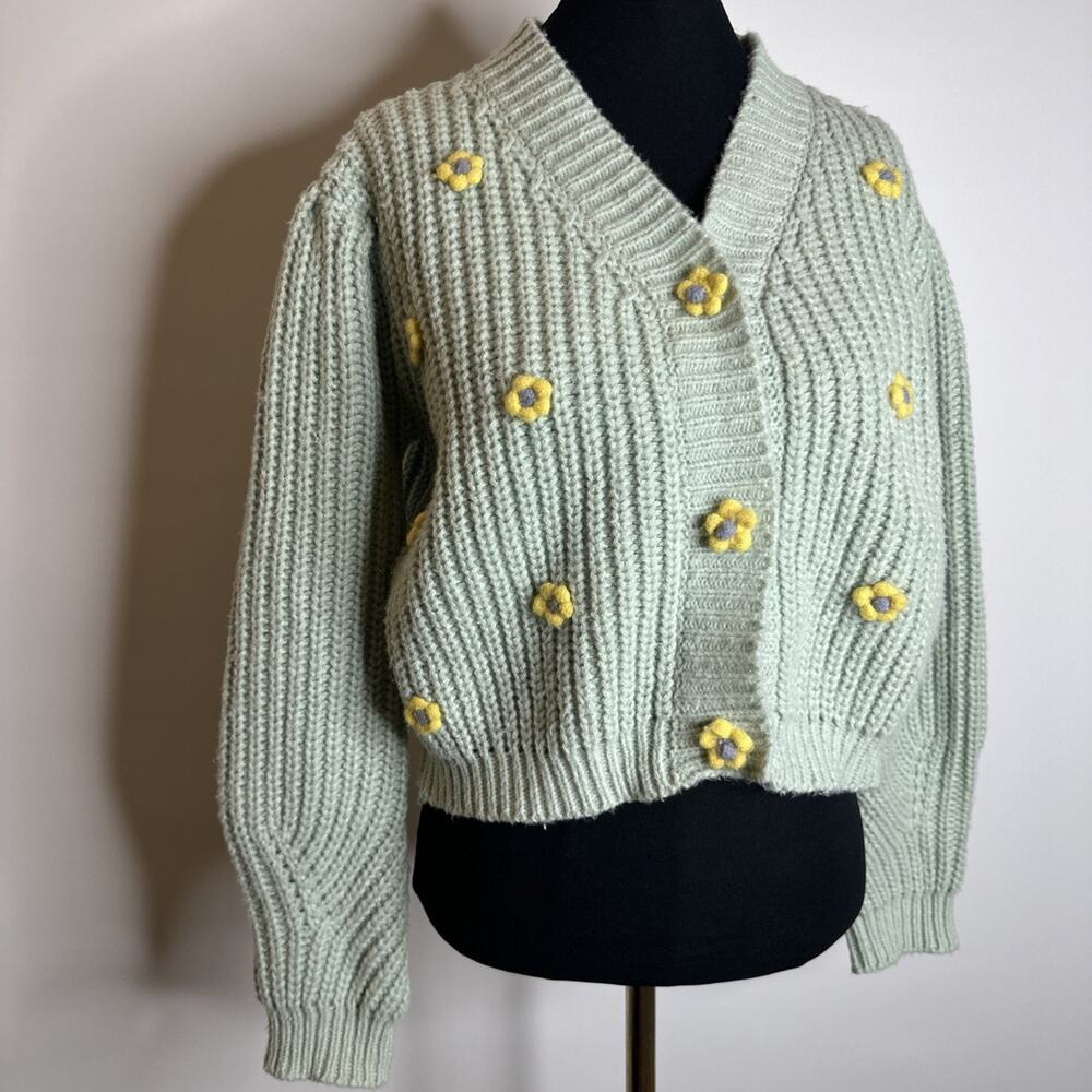 HYFVE Womans Mint Green Daisies Oversized Knit Cardigan Sweater Size Medium